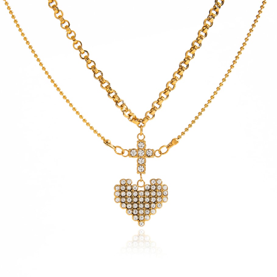 Collar de capas para mujer de acero inoxidable color dorado con corazón romántico de 1 pieza Imagen8