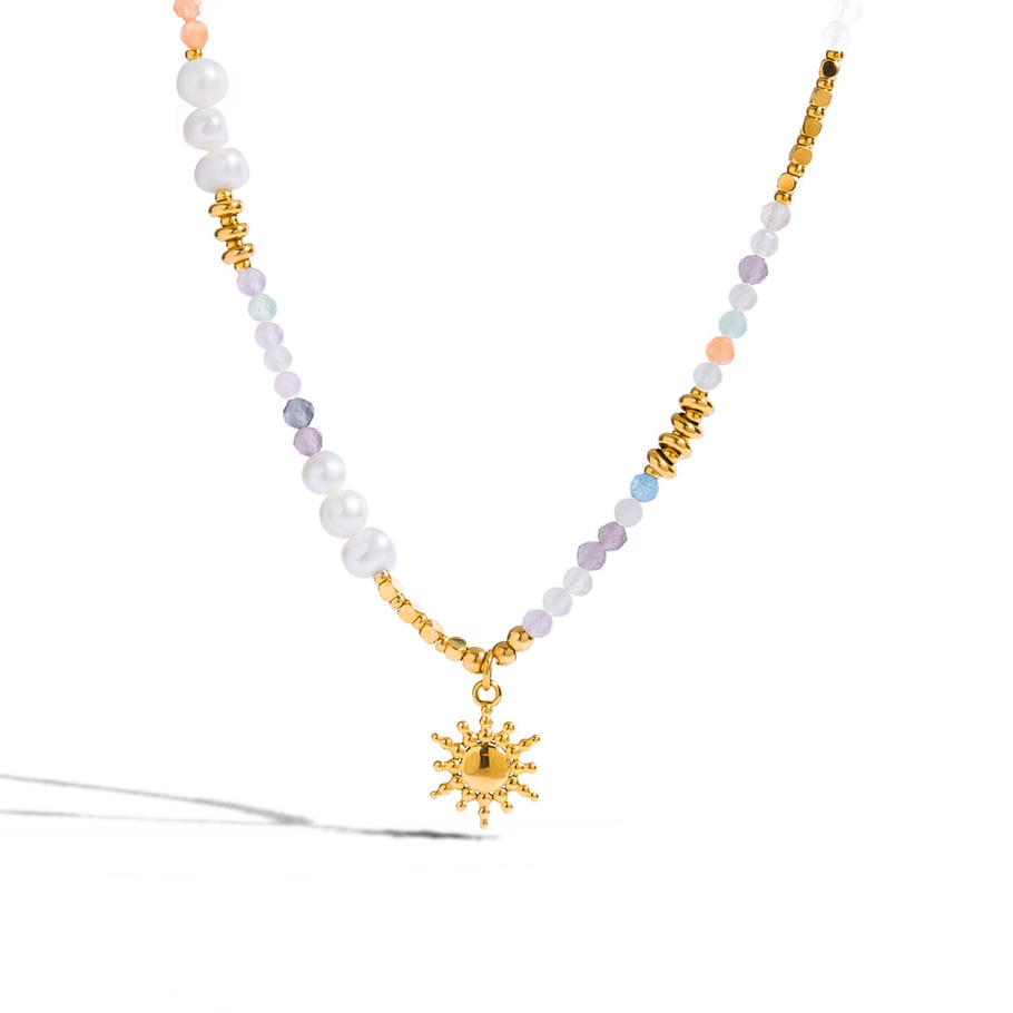 1 Piece Polychrome Beads Sun Stainless Steel Gold Color Women's Pendant Necklaces 