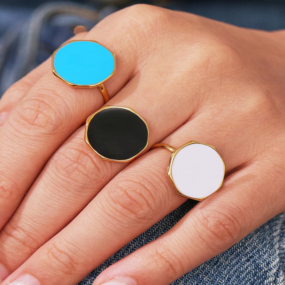 1 pezzo di anello in acciaio inossidabile color oro con smalto esagonale Immagine4