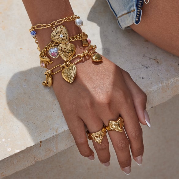 Bracelet à breloques en acier inoxydable doré pour femme, 1 pièce, motif cœur délicat 2