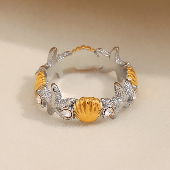 1 Piece Designable Starfish & Shell Stainless Steel Gold Color Statement Rings 2