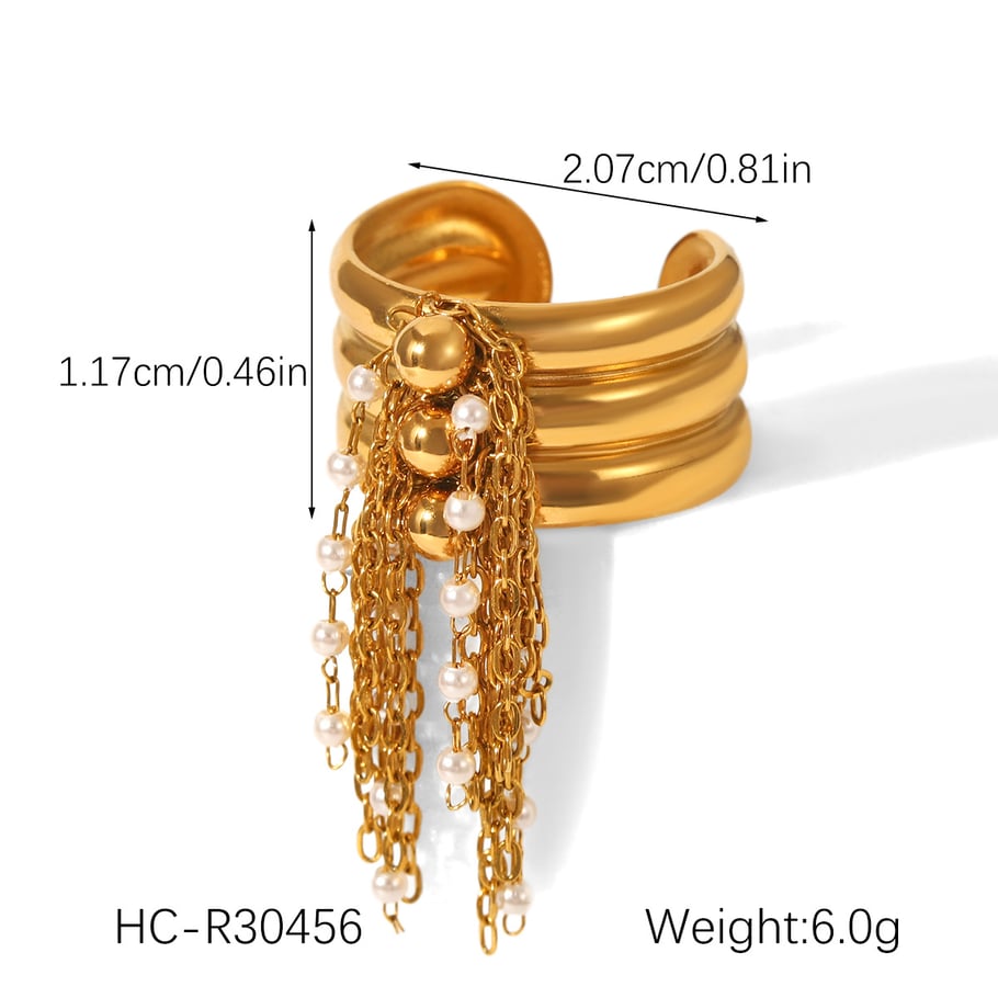1 Piece Chic Daily Tassel Stainless Steel Gold Color Pearl Statement Rings Picture2