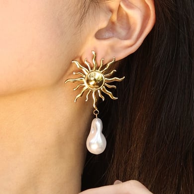 1 Pair Sun Stainless Steel  Gold Color Drop Earrings h5 Picture4