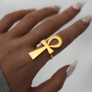 Anillos llamativos de acero inoxidable en color dorado con forma de cruz, sencillos e informales, de 1 pieza h5 Imagen5