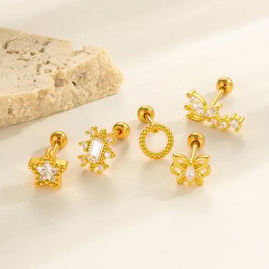1 pieza de pendientes de perforación geométricos de cobre y circonitas doradas para mujer h5 Imagen4