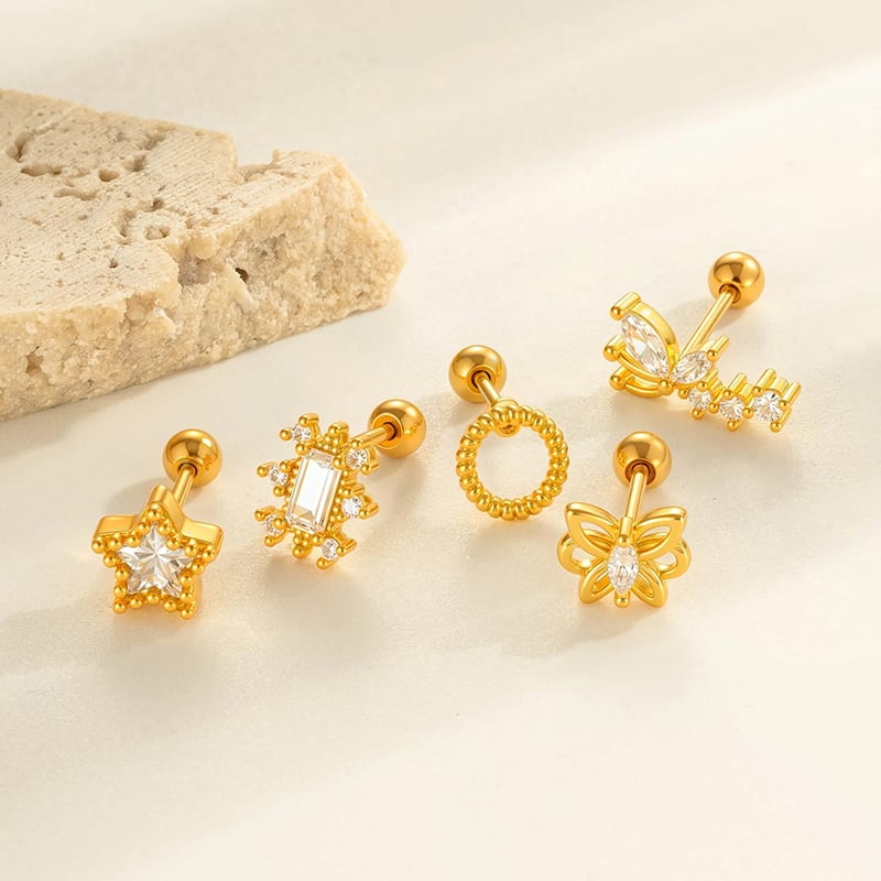 1 pieza de pendientes de perforación geométricos de cobre y circonitas doradas para mujer Imagen4
