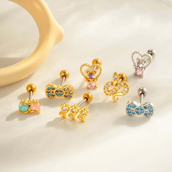 1 Piece Bow Copper Gold Color Zircon Piercing Earring