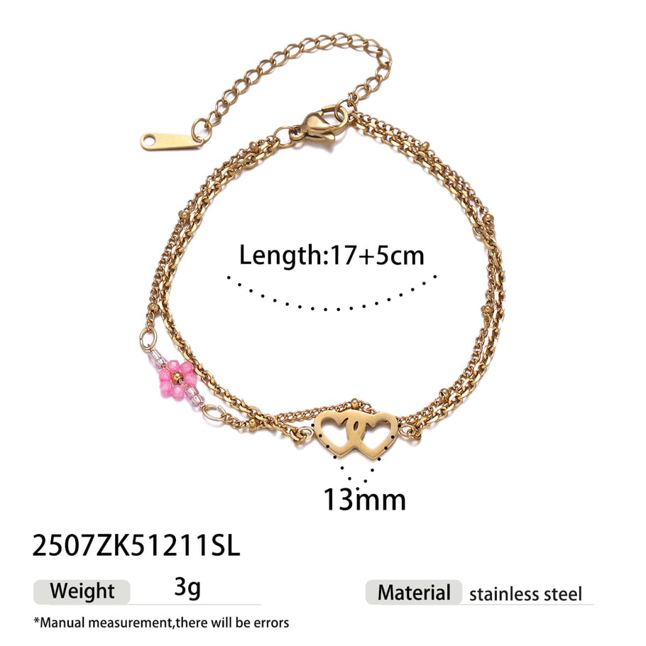 1 Piece Romantic Series Sweet Flower Heart Stainless Steel  Gold Color Beaded Bracelet 