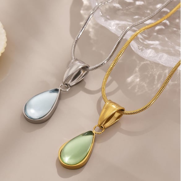 1 hermosa pieza de collar colgante de acero inoxidable color dorado con gotas de vidrio para mujer