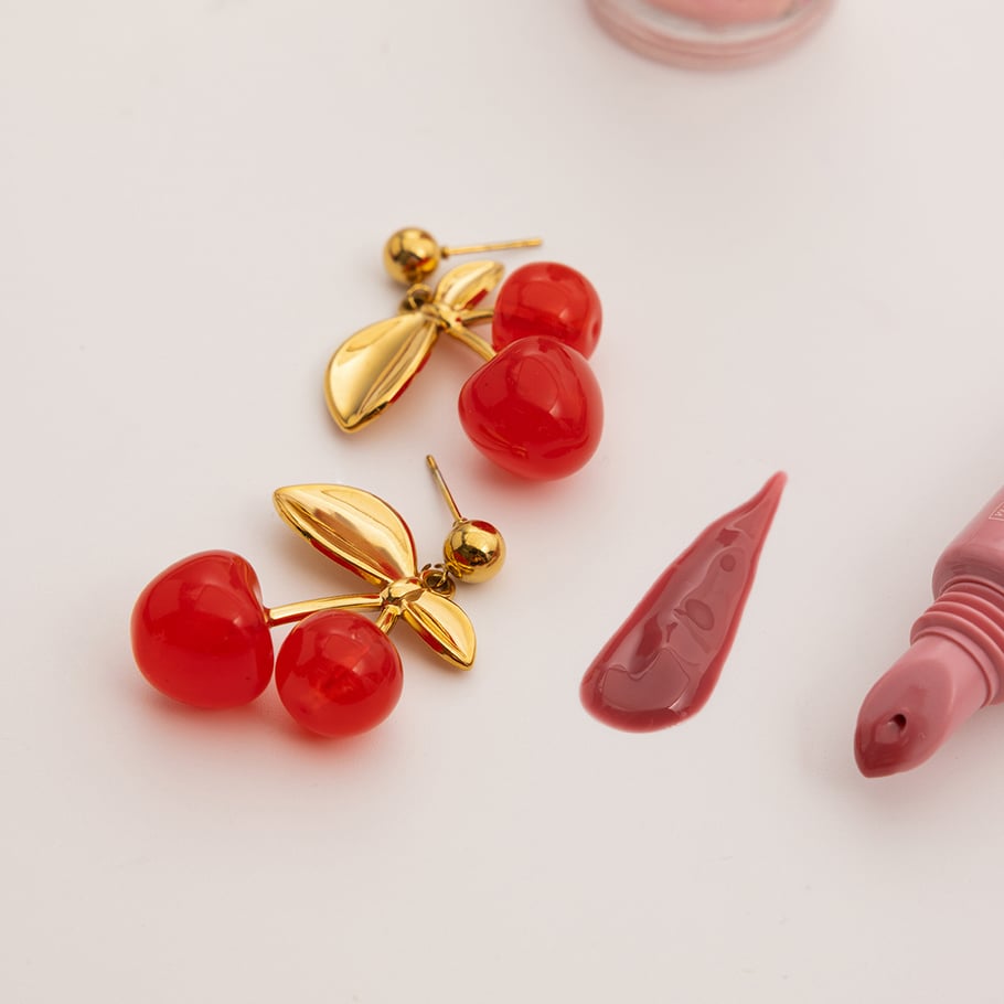 1 par de pendientes colgantes de acero inoxidable color dorado con cereza vívida para mujer Imagen6
