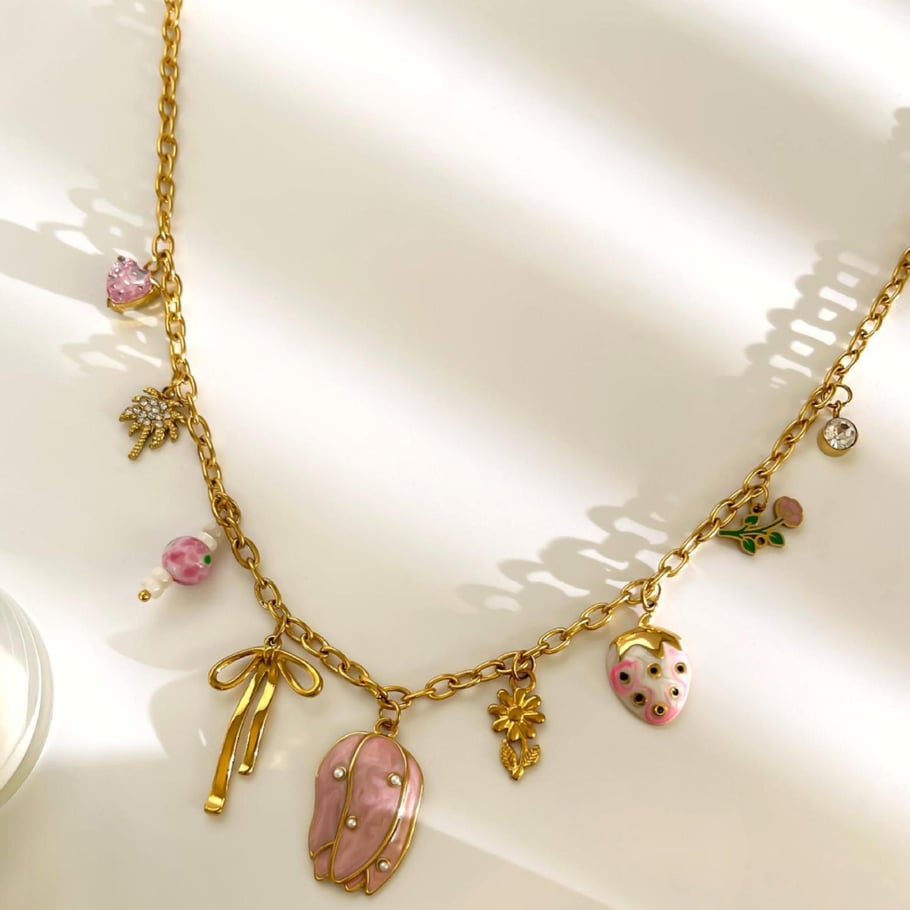Collana con ciondolo a forma di fiore in acciaio inossidabile color oro, 1 pezzo Immagine4