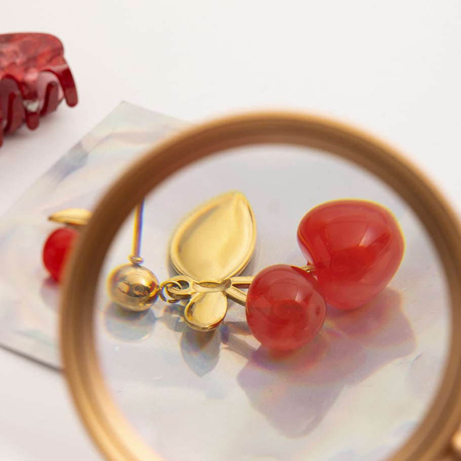 1 par de pendientes colgantes de acero inoxidable color dorado con cereza vívida para mujer Imagen5