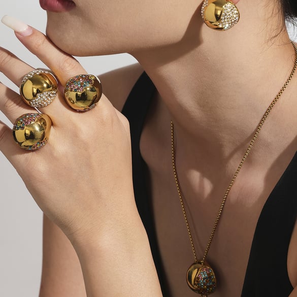 1 Piece Semicircle Stainless Steel Gold Color Zircon Women's Jewelry Sets