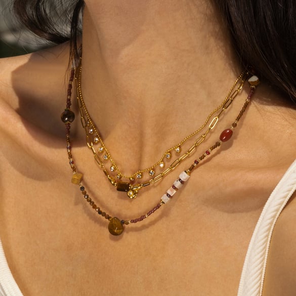 1 Piece Retro Natural Stones Gold Color Beaded Necklace 2