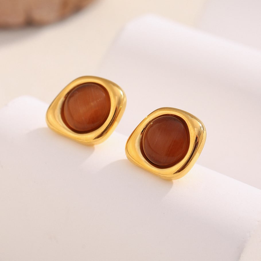 1 Pair Classic Annular Natural Stone Stainless Steel Gold Color Women's Stud Earrings Picture6