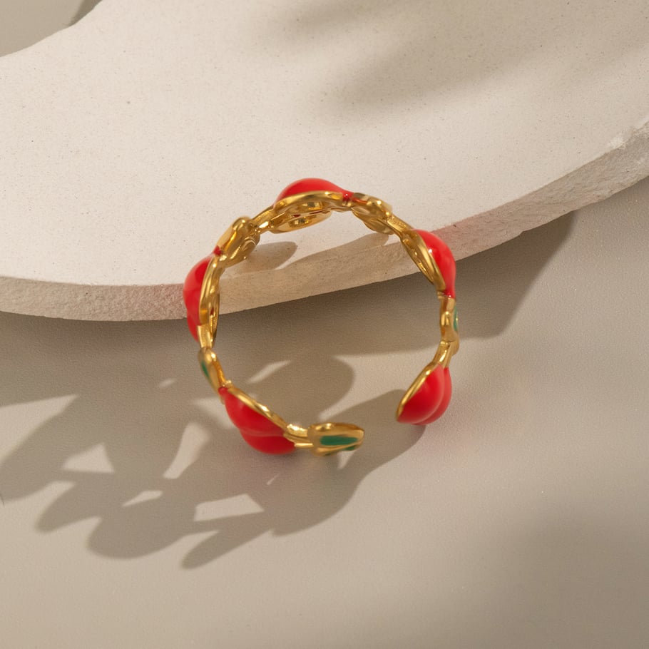 Anelli statement color oro in acciaio inossidabile con ciliegia dolce, serie romantica, 1 pezzo Immagine5