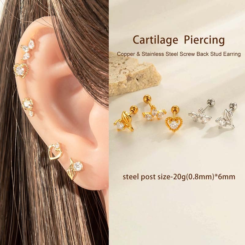 1 pieza de pendientes de perforación para mujer con circonitas de color cobre y dorado con hojas brillantes Imagen5