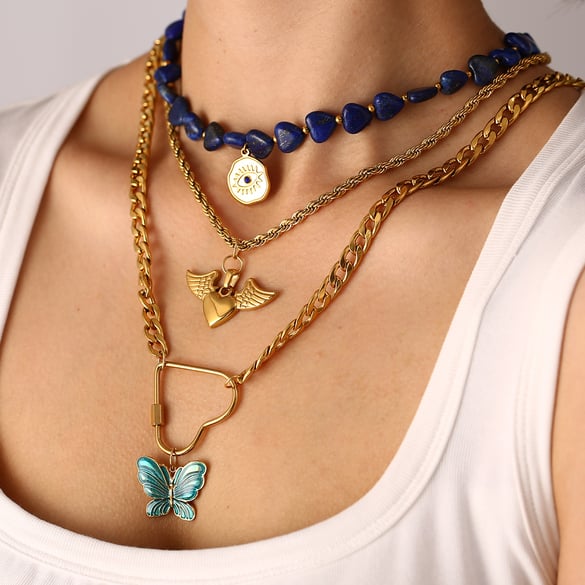 1 Piece Retro Heart Natural Stones Gold Color Beaded Necklace