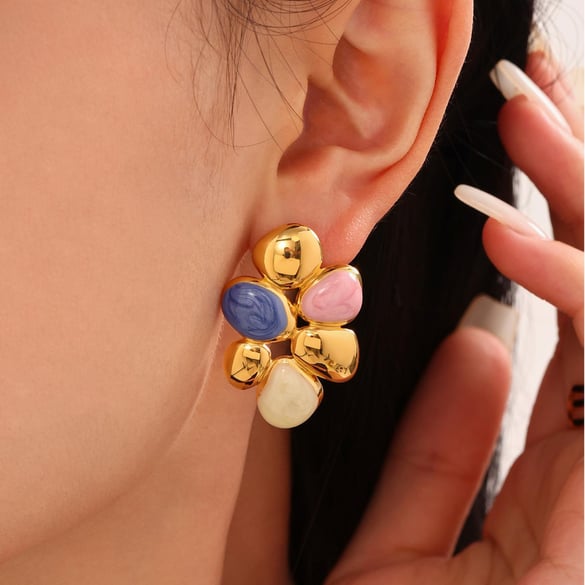 1 Pair Polychrome Flower Stainless SteelGold Color Women's Stud Earrings 2