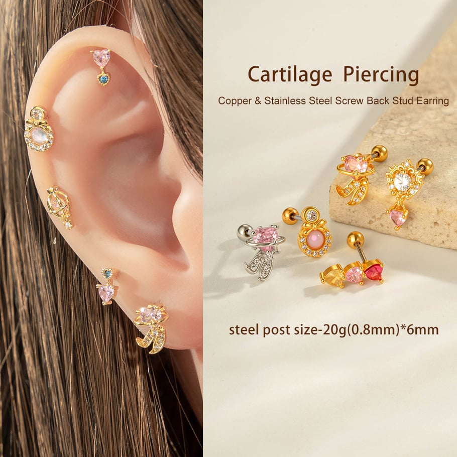 1 Piece Heart Copper Gold Color  Zircon Piercing Earring Picture4