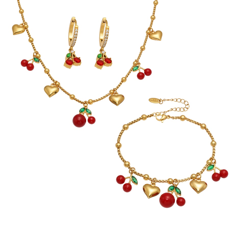Set di gioielli da donna in acciaio inossidabile color oro, 1 pezzo, colore ciliegia intenso Immagine9