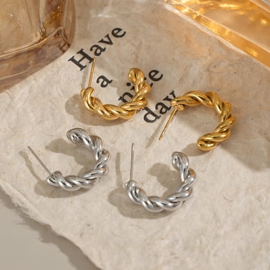 1 Pair Thread Stainless Steel Gold Color Hoop Earrings h5 Picture3