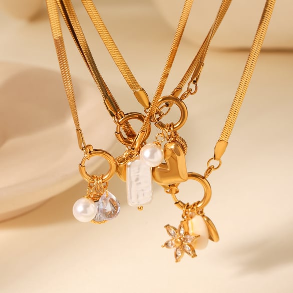 Simple  Daily Flower Stainless Steel Gold Color Pearl Women's Pendant Necklaces 2