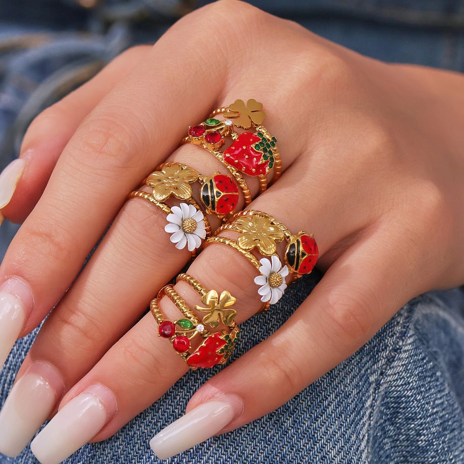 1 pezzo di anello con zirconi color oro in acciaio inossidabile con motivo a insetto vivido Immagine4