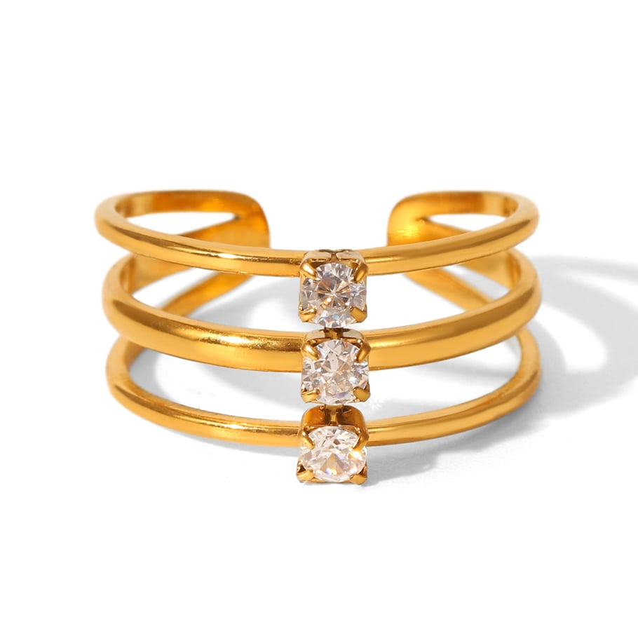 1 Piece Simple Three Layers Stainless Steel   Gold Color  Zircon Statement Rings 