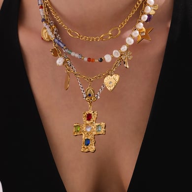 1 pezzo classico croce perline perle in acciaio inossidabile color oro zircone collane con ciondolo da donna h5 Immagine3