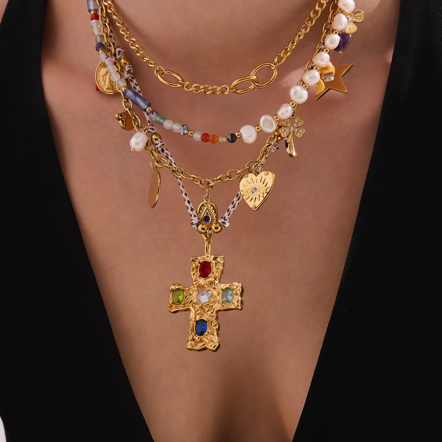 1 pezzo classico croce perline perle in acciaio inossidabile color oro zircone collane con ciondolo da donna Immagine3