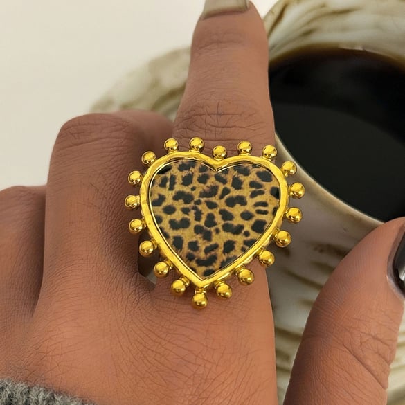 1 Piece Simple Daily Heart Leopard Print Stainless Steel  Statement Rings