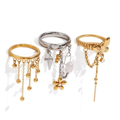 Anillos llamativos de acero inoxidable en color dorado con borlas modernas de 1 pieza h5 Imagen7