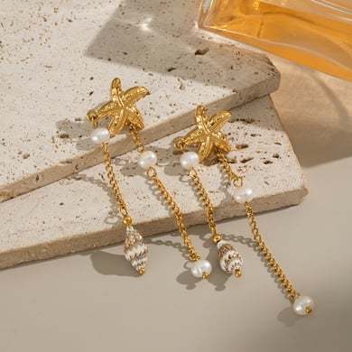1 Pair Starfish Tassel Stainless Steel Gold Color Dangle Earrings h5 Picture2