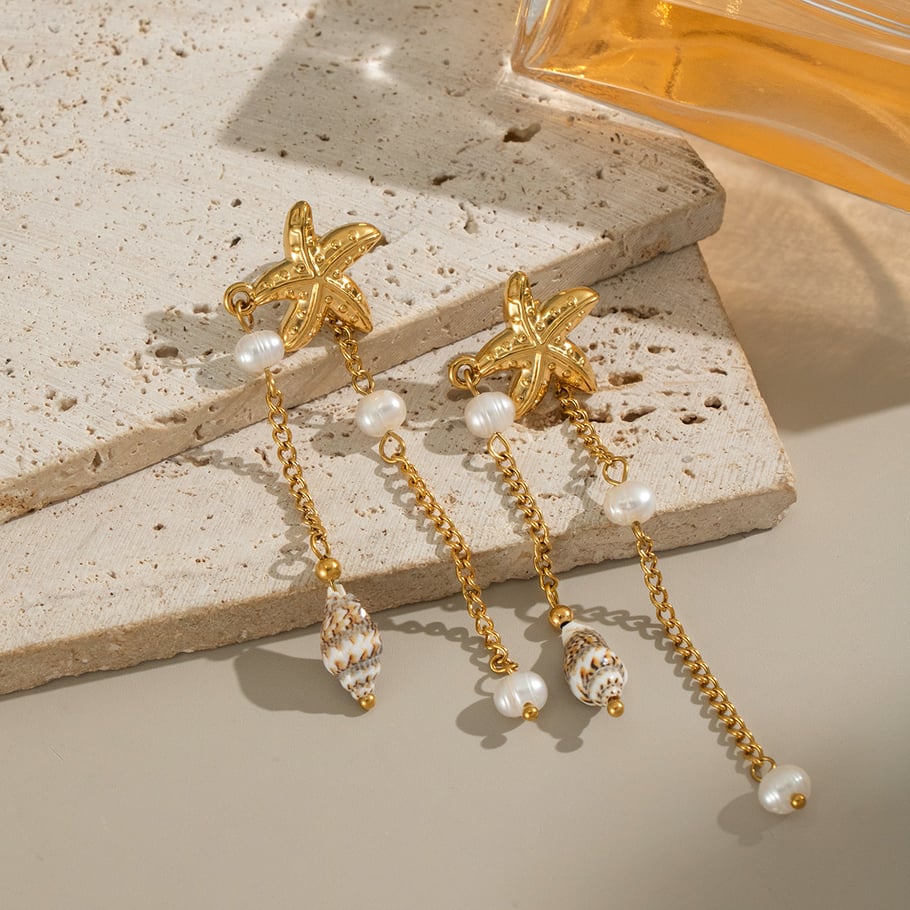 1 Pair Starfish Tassel Stainless Steel Gold Color Dangle Earrings Picture2