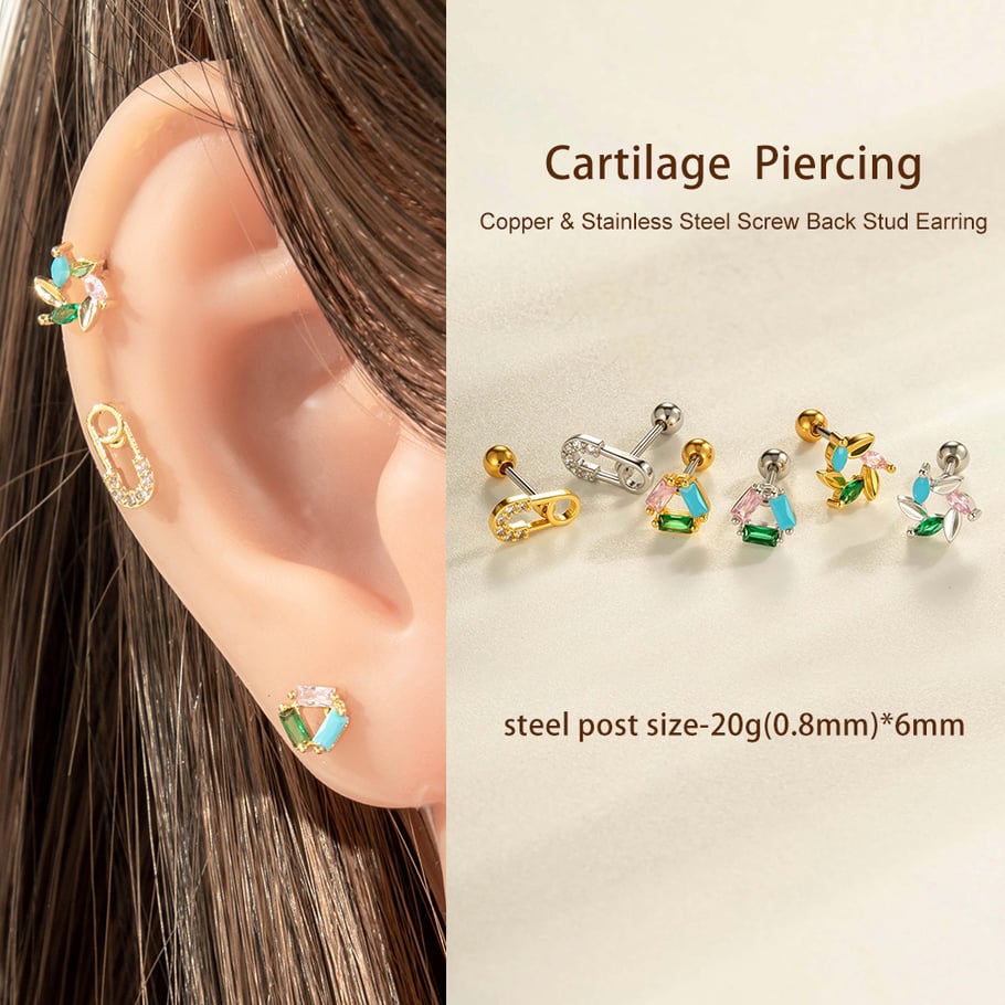 1 pieza de pendientes de perforación para mujer con circonitas de color cobre y dorado en forma de triángulo. Imagen5