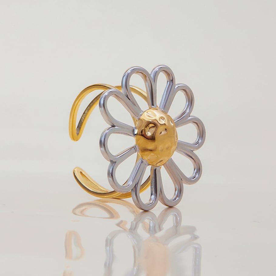 1 Piece Minimalist Flower Stainless Steel Gold Color Statement Rings Picture6