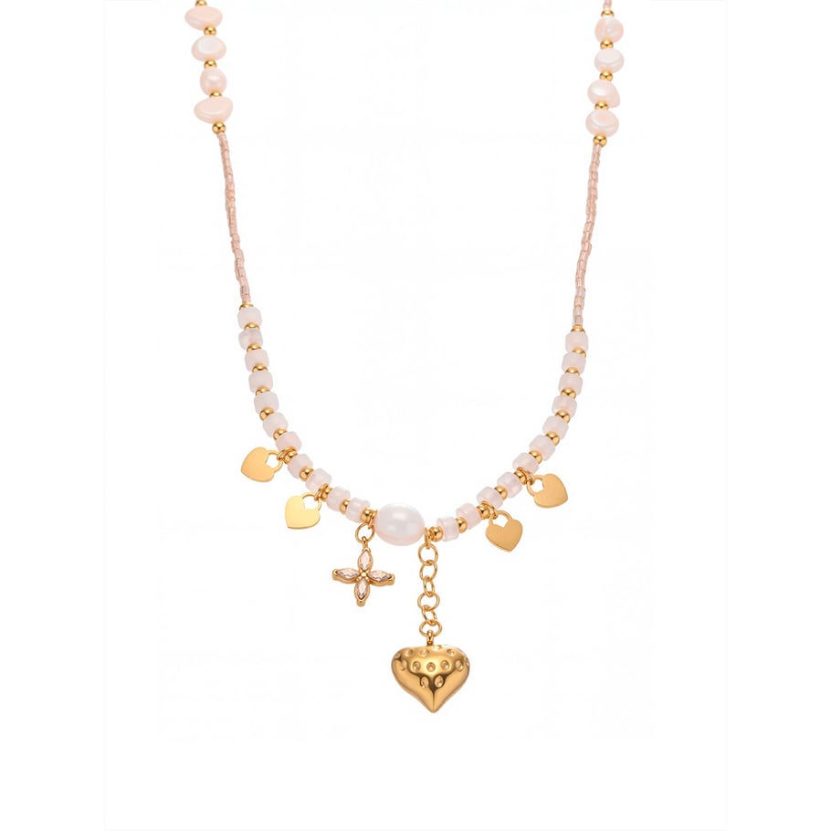 1 Piece Elegant Heart Natural Stones&Pearl Gold Color Women's Beaded Necklaces 