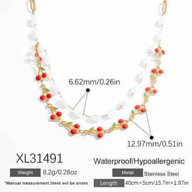 Collar de capas de acero inoxidable con cereza natural simple para mujer de 1 pieza h5 Imagen2