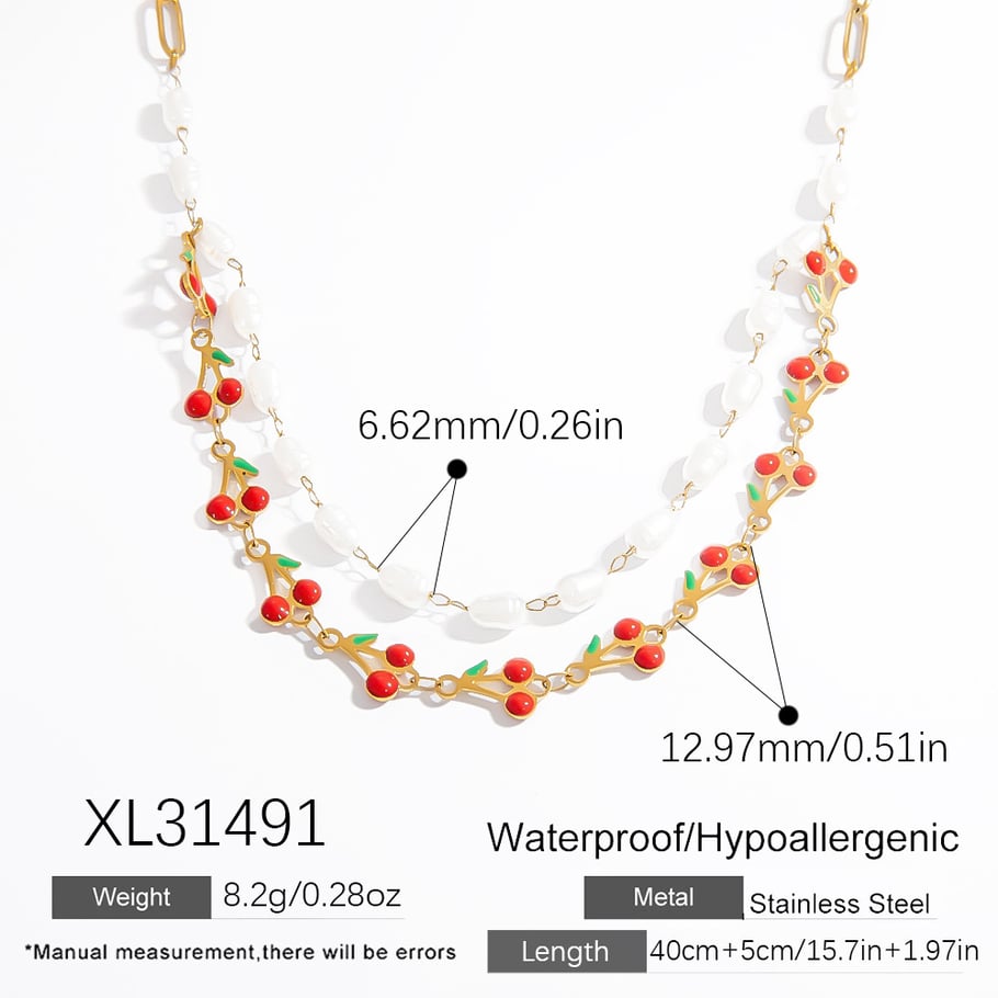 Collar de capas de acero inoxidable con cereza natural simple para mujer de 1 pieza Imagen2