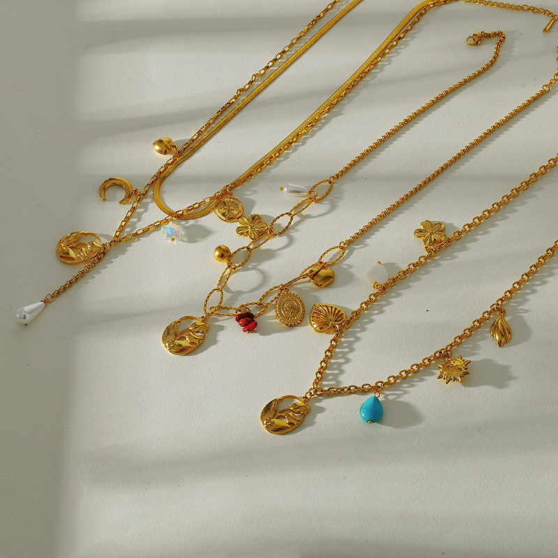Collier avec pendentif romantique en acier inoxydable pour femme, motif fleur, cœur, soleil h5Image4