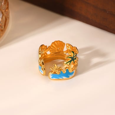 Vacation Turtle Stainless Steel  Gold Color Pearl Statement Rings h5 Picture5