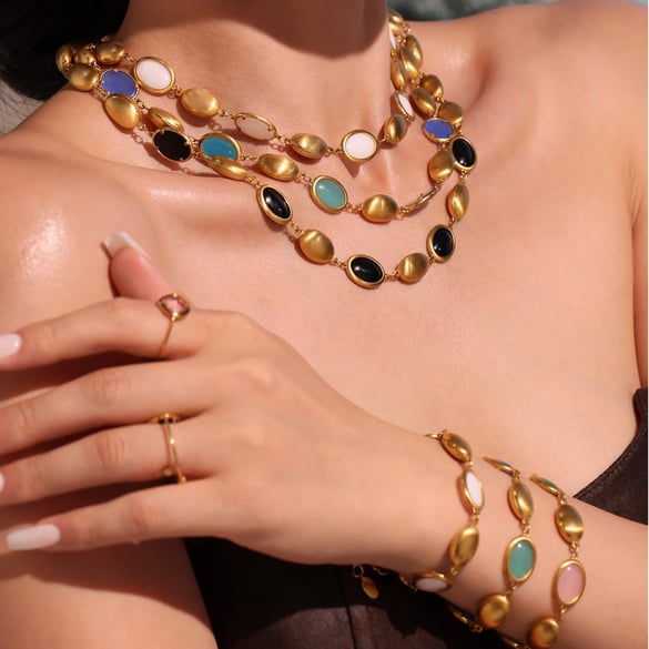 1 Piece Elegant Oval Shape Opal Stainless Steel Gold Color Women's Necklaces Sets 2