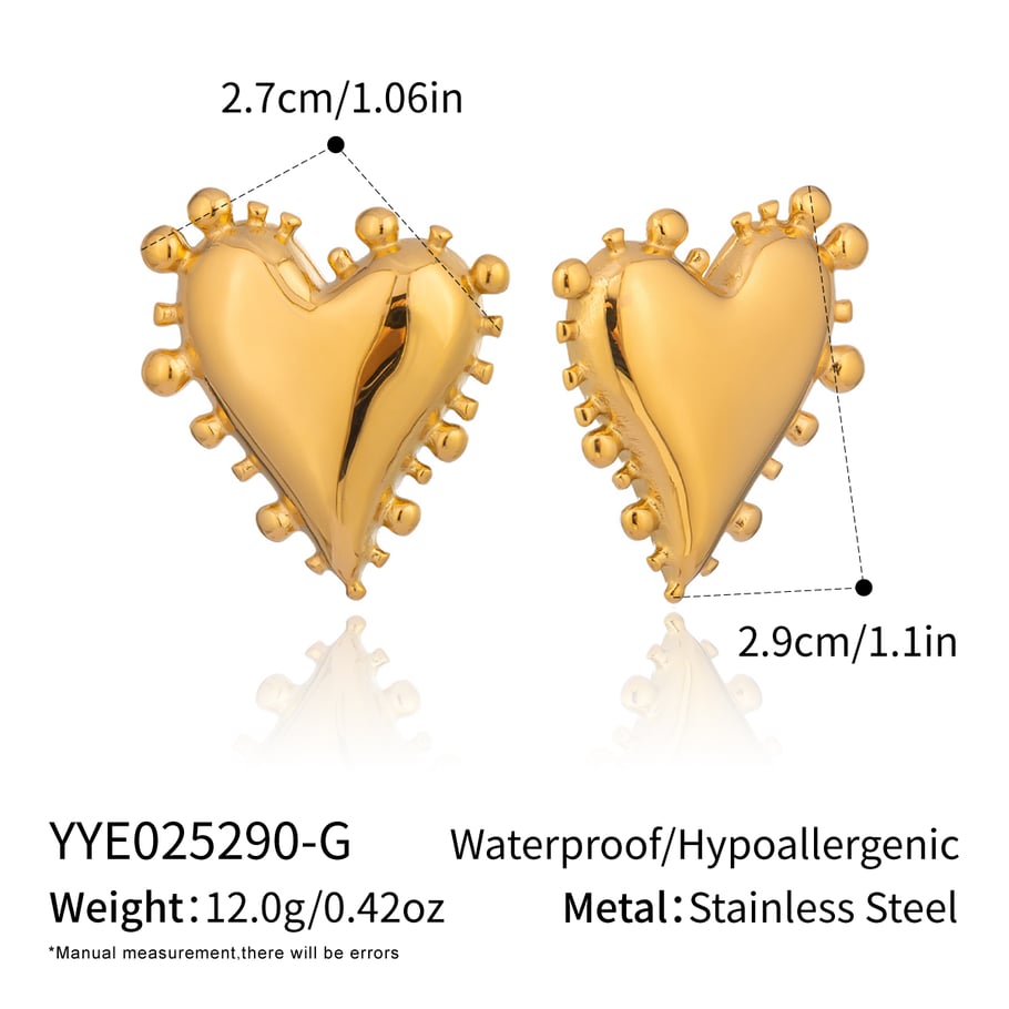 1 paire de boucles d'oreilles à tige romantiques et élégantes en forme de cœur, en acier inoxydable, couleur or, pour femme
