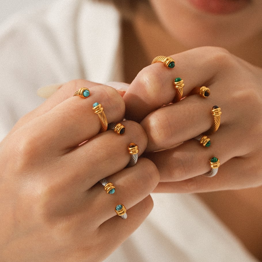 1 Piece Annular Shape Stainless Steel Gold Color Natural Stone Statement Rings Picture3