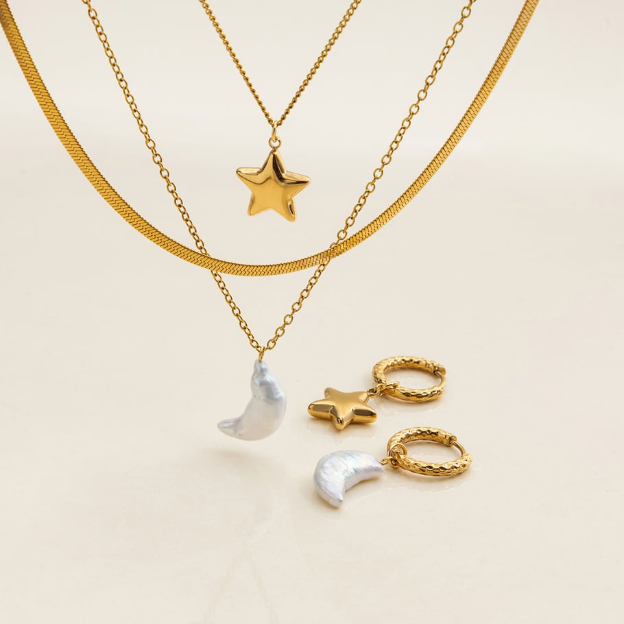 Conjunto de joyería clásica de acero inoxidable con perlas de agua dulce de 1 pieza, sol y luna, para mujer Imagen9