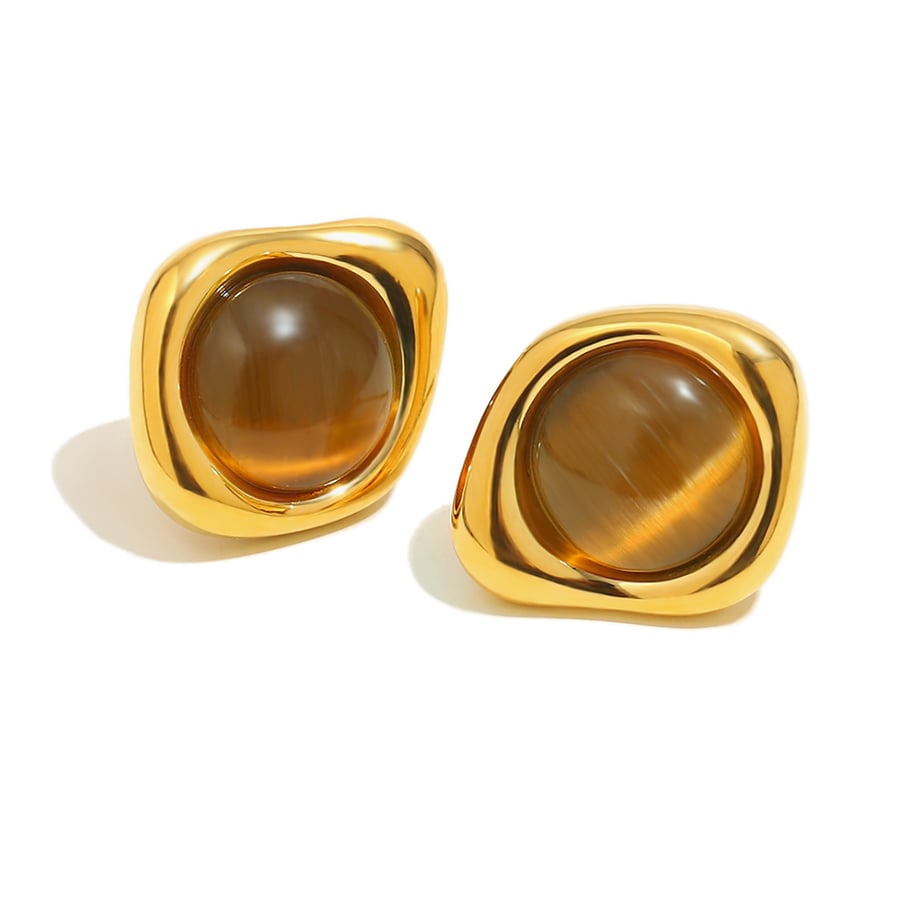 1 Pair Classic Annular Natural Stone Stainless Steel Gold Color Women's Stud Earrings 