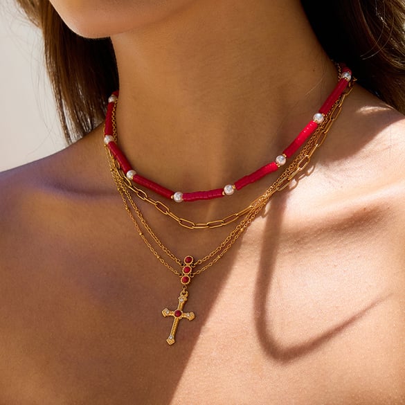 Collier luxueux en acier inoxydable doré avec croix rouge pour femme, 1 pièce 2