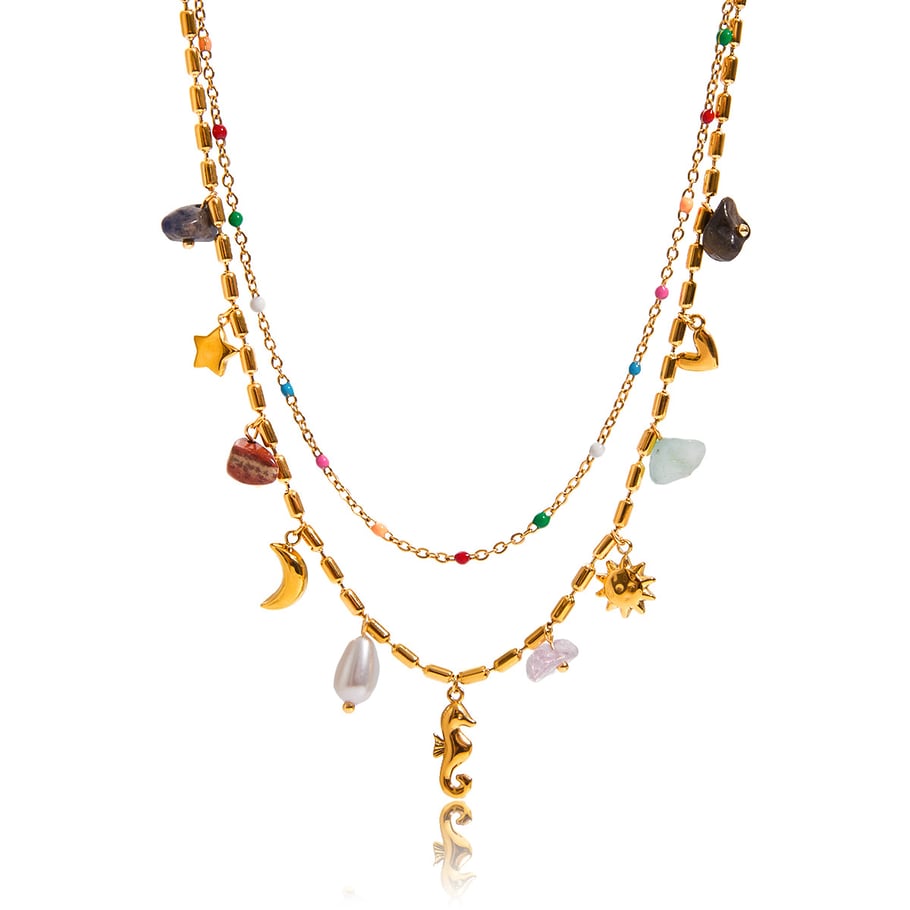 Collar en capas de acero inoxidable dorado con diseño de caballito de mar de vacaciones para mujer de 1 pieza 