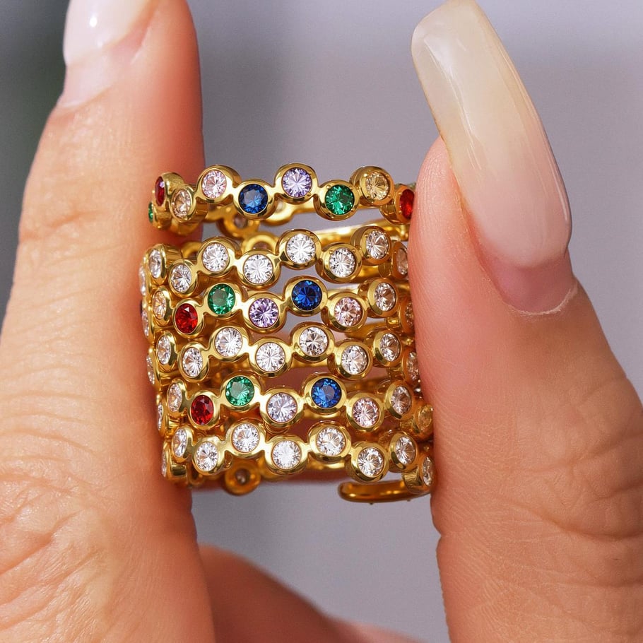 1 pezzo squisito anello da donna in acciaio inossidabile color oro con zirconi e pietre preziose Immagine5